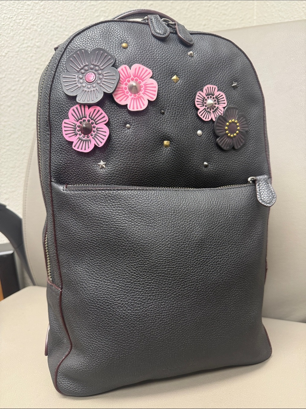 Coach Black Leather Tea Rose Appliqué Backpack- NWOT